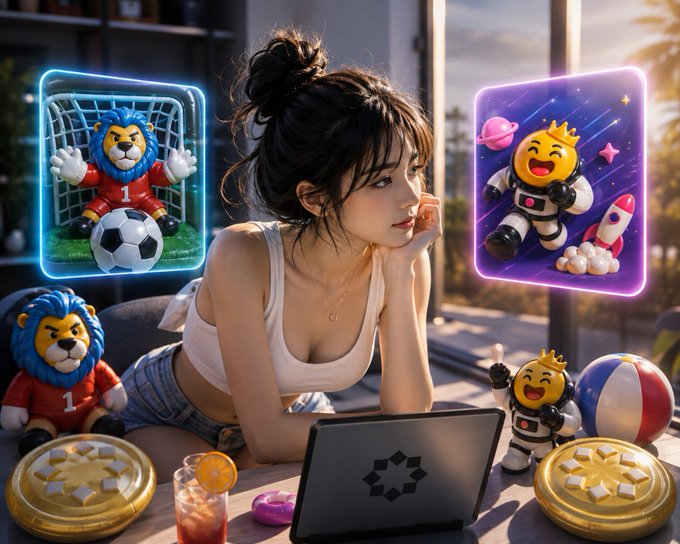 A digital illustration of a young woman with dark hair in a bun, looking thoughtfully at a laptop, surrounded by floating emojis, cartoon characters, a lion plush, coins, and other items.