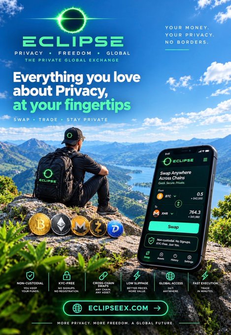 An advertisement for Eclipse, a private global cryptocurrency exchange, featuring a man sitting on a mountain peak overlooking a lake, with a phone displaying 'Swap Anywhere Across Chains' and tags like 'NON-CUSTODIAL', 'KYC-FREE', and 'CROSS-CHAIN SWAPS'.