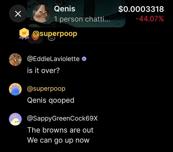 A screenshot of a meme token chat showing the token 'Qenis' at $0.0003318, with a -44.07% drop and comments including 'is it over?' and 'Qenis qooped'.