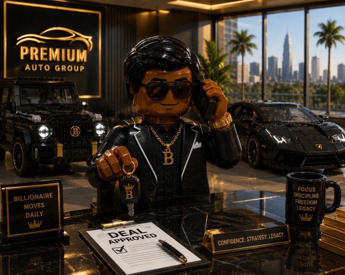 A stylized digital illustration of a man in a black suit and gold 'B' chain holding car keys in a 'PREMIUM AUTO GROUP' dealership with a G-Wagon and Lamborghini, surrounded by items labeled 'BILLIONAIRE MOVES DAILY' and 'CONFIDENCE. STRATEGY. LEGACY.'