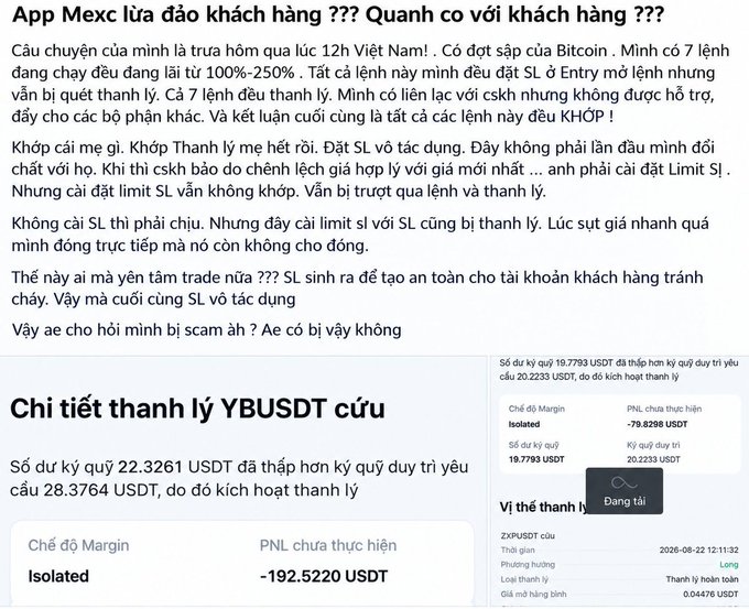 A Vietnamese-language complaint post titled 'App Mexc lừa đảo khách hàng' (MEXC app scams customers) describing trading losses, alongside screenshots of a futures liquidation for YBUSDT with -79.8298 USDT and -192.5220 USDT unrealized PNL.