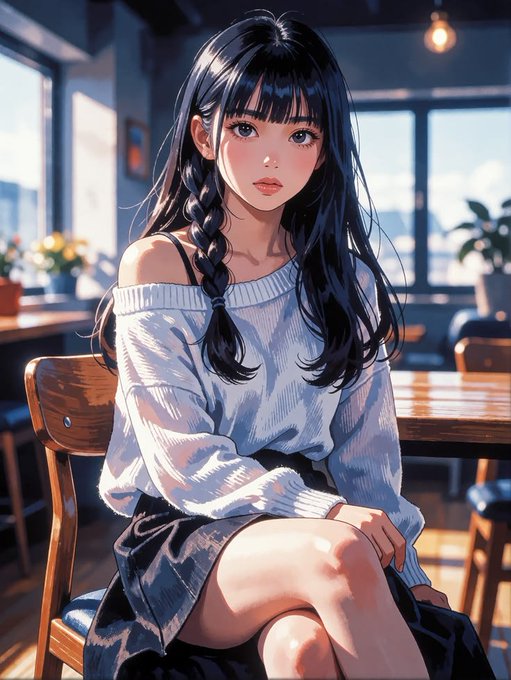 An anime-style illustration depicts a young woman with long black hair in a side braid, wearing an off-shoulder white sweater, seated in a sunlit room.