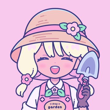 A cute pastel-colored illustration of a blonde anime-style girl wearing a gardening hat, pink overalls with 'drop garden' text, and holding a small shovel.