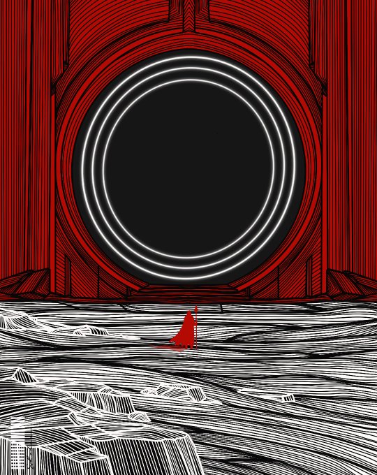 A stylized illustration depicts a small figure in a red cape standing before a massive circular portal with glowing white rings set within an ornate red architectural frame, overlooking a rippling sea or landscape rendered in detailed line work.