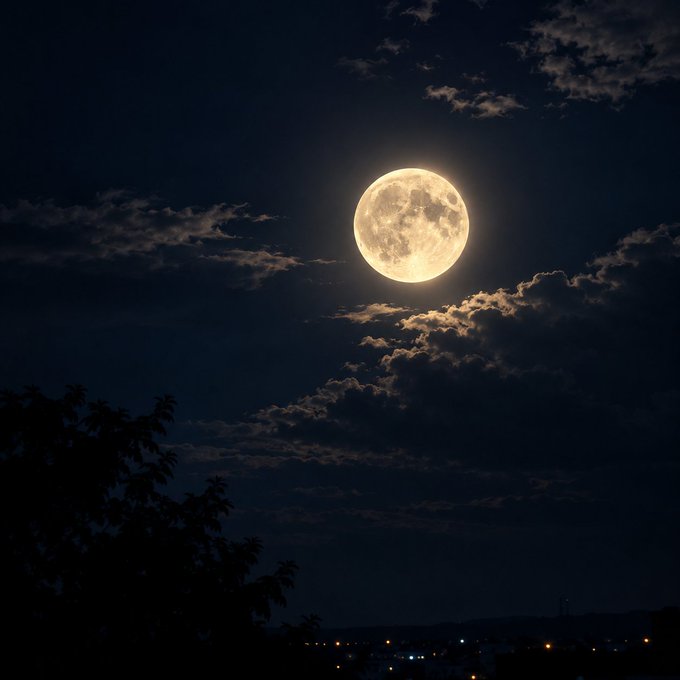 A full moon shining brightly through scattered clouds at night, with dark silhouettes of tree branches and distant city lights visible below.