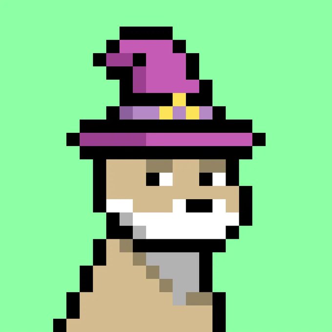 A pixel art illustration of a tan dog wearing a magenta witch hat with a star on top, set against a green background.