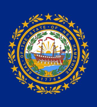 The image displays the flag of New Hampshire, featuring the state seal on a blue background with the text "SEAL OF THE STATE OF NEW HAMPSHIRE" and "1776." The post relates to the image by announcing New Hampshire's upcoming legislative hearing on a proposed $100 million Bitcoin-backed bond, positioning Bitcoin within the broader $140 trillion global debt market.