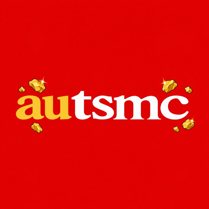 A red background graphic displaying the text 'autsmc' in stylized yellow and white lettering, surrounded by gold nugget illustrations.