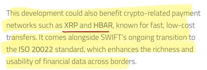 The image shows a gray background with yellow text that reads "This development could also benefit crypto-related payments networks such as XRP and HBar, known for fast, low-cost transactions." The text is written in white font against a light gray background.