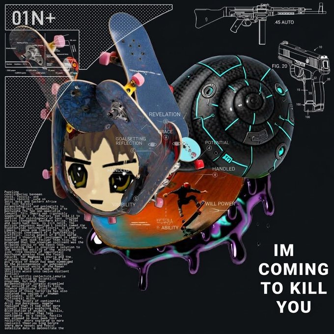 A chaotic digital collage features anime-style characters, a skateboard, a spherical mechanical object with cyan accents, and gun blueprints labeled "45 AUTO" and "FIG. 20," with scattered words like "REVELATION," "WILLPOWER," and "ABILITY," alongside the bold declaration "IM COMING TO KILL YOU." The unsettling, fragmented aesthetic and menacing threat align with the post's "schizo" theme, reflecting the disjointed, intense visual style celebrated by the tagged accounts.