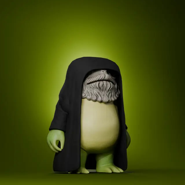 A 3D-rendered green character with a long white beard stands wearing a dark hooded cloak against a glowing green background.