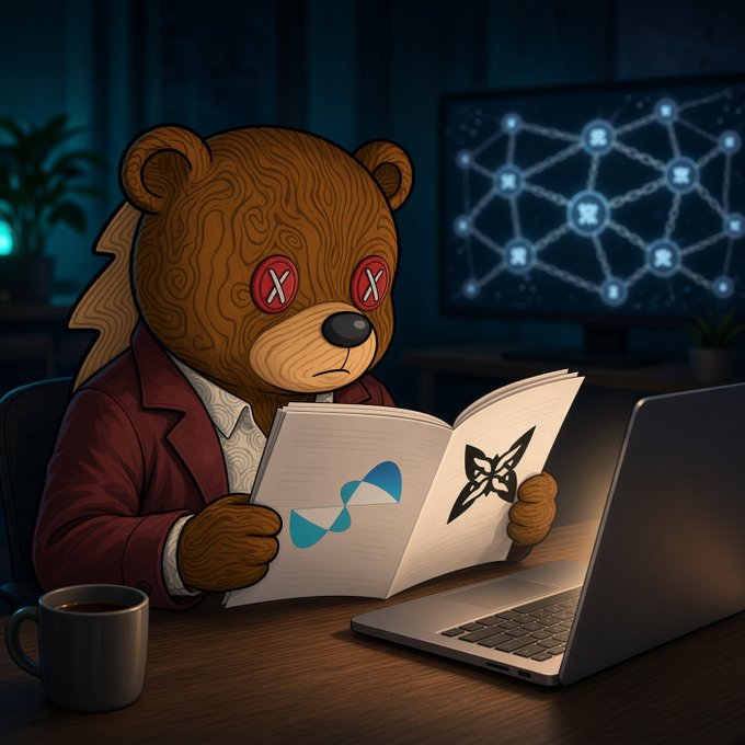 An illustration of a brown bear wearing a red jacket and red X-shaped eye patches, sitting at a desk with a laptop, mug, and a book displaying blue and black butterfly-like logos, with a neural network diagram on a monitor behind.