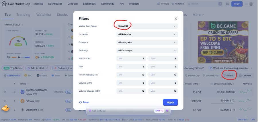 A screenshot of the CoinMarketCap website showing a Filters pop-up menu with the 'Show 200' option circled in red under Visible Coin Range, set against a background displaying crypto market data including Fear & Greed index, BTC, and ETH.