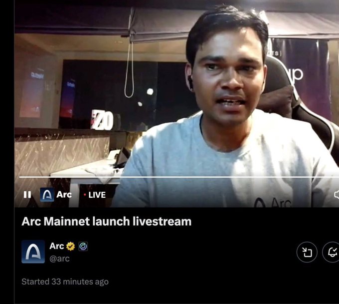 Screenshot of an X/Twitter livestream titled 'Arc Mainnet launch livestream' by Arc (@arc) showing a man in a gray Arc t-shirt speaking, marked as 'LIVE' and started 33 minutes ago.
