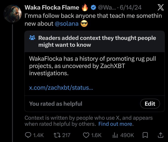 A tweet from Waka Flocka Flame (@Wa...) dated 6/14/24 reads "I'mma follow back anyone that teach me somethin new about @solana 😎," with an X community note disclosing his history of promoting rug pull projects, as uncovered by ZachXBT investigations. The accompanying post references this image by pointing out that Waka Flocka, a known celebrity extractor who promoted numerous undisclosed scams in the past, is now publicly soliciting education about Solana, a blockchain often associated with extractive token schemes.