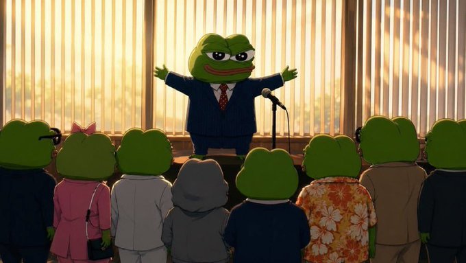 Digital art depicting a Pepe the Frog character in a suit standing at a podium addressing a crowd of frog figures in a room with large windows.
