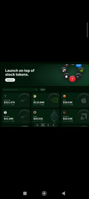 A dark-themed mobile app interface for stock tokens displaying crypto companies like NVIDIA, Apple, and Ethereum with account balances in dollars.