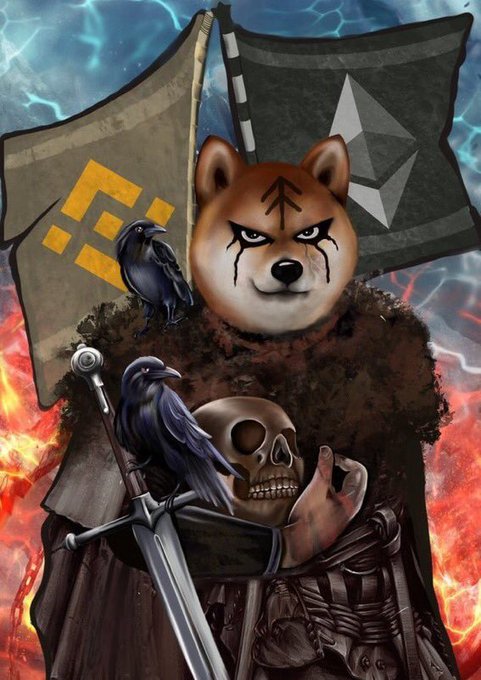 A fierce Shiba Inu warrior with war paint, raven companions, and a skull cradled in its arms stands before the Binance and Ethereum flags amid flames, symbolizing the dominance of $FLOKI in the crypto battlefield.