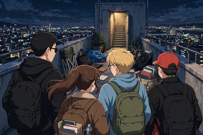 An anime-style illustration of four young people wearing backpacks standing on a rooftop at night, facing a lit doorway with stairs, overlooking a sprawling city skyline.