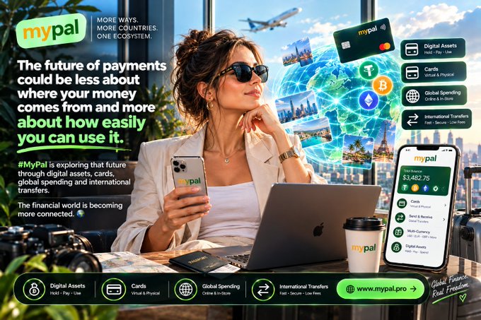 An advertisement for the mypal app showcasing a woman holding a phone, with features including digital assets, cards, global spending, and international transfers, alongside the website www.mypal.pro.
