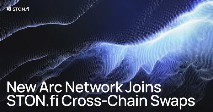 A digital graphic for STON.fi announces 'New Arc Network Joins STON.fi Cross-Chain Swaps' against a flowing, blue mesh wave background.