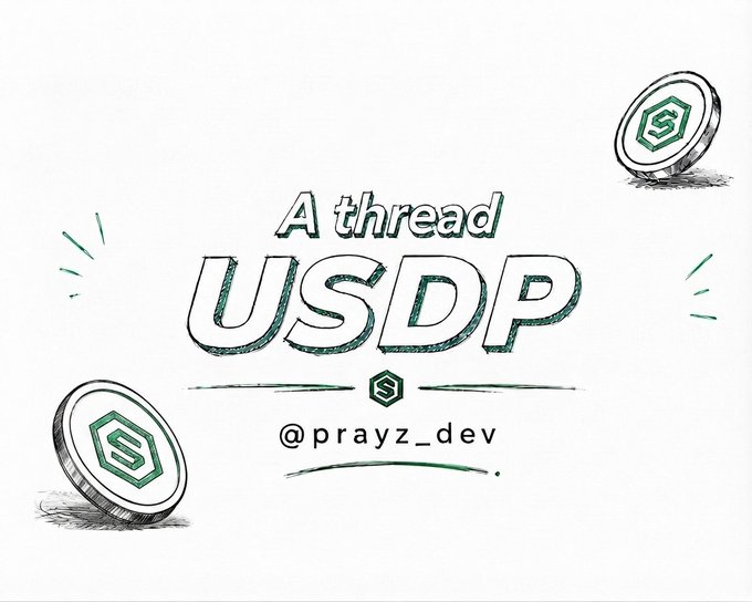 A hand-drawn style graphic reading 'A thread USDP' with the handle '@prayz_dev' and two coins bearing an 'S' logo.