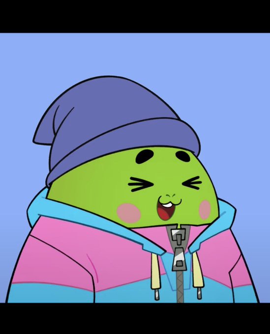 A cartoon drawing of a green character wearing a blue nightcap and a pink hoodie, smiling with closed eyes and blushing cheeks.