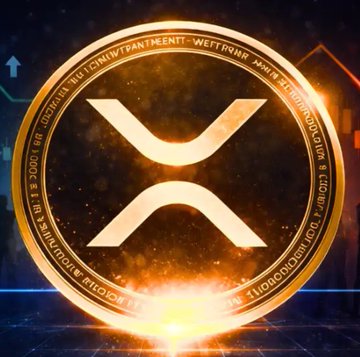 A glowing golden coin featuring the XRP (Ripple) logo against a dark background with digital grid elements.
