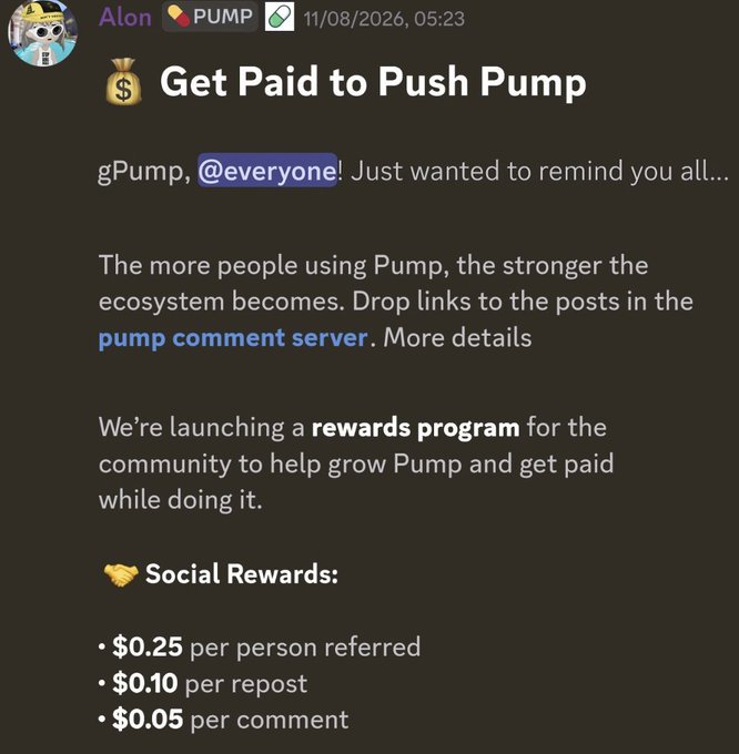 A Telegram post by 'Alon' titled 'Get Paid to Push Pump' announcing a rewards program with $0.25 per referral, $0.10 per repost, and $0.05 per comment.