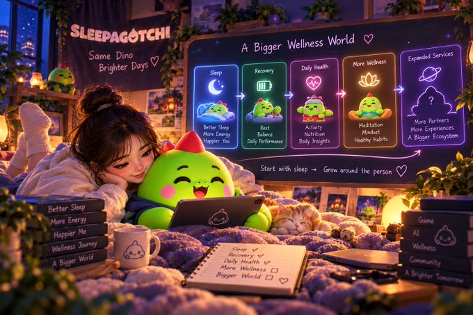 A cozy illustrated scene featuring a girl resting with a green dinosaur plush toy in a warmly lit room, alongside a digital interface titled 'SLEEPAGOTCHI - A Bigger Wellness World' showing services like Sleep, Recovery, Daily Health, and Meditation with the note 'Start with sleep → Grow around the person.'