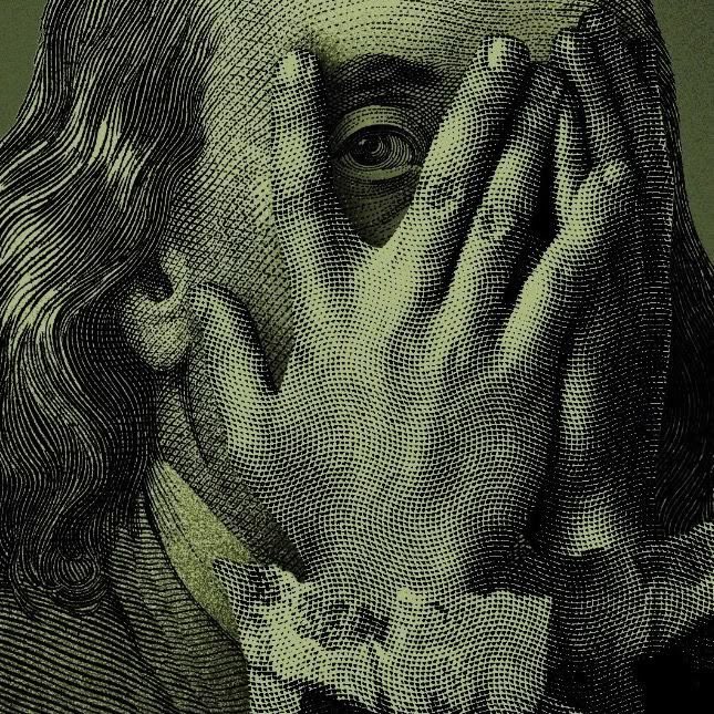 A green-tinted engraving-style image showing a hand covering a person's face, with one eye peering through the fingers.