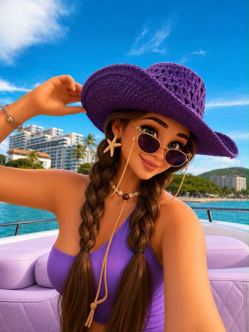 A vibrant 3D-rendered woman in a purple crocheted hat and starfish sunglasses strikes a confident pose on a yacht, with the caption promoting a $50 giveaway for Aeterna's AMA #001, where participants can also ask questions about the project.