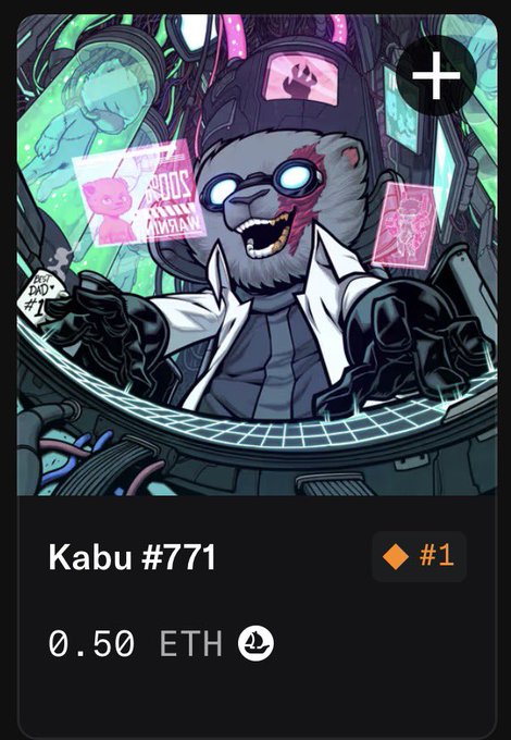 An NFT listing page showing a digital artwork of a bear scientist named "Kabu #771" priced at 0.50 ETH.