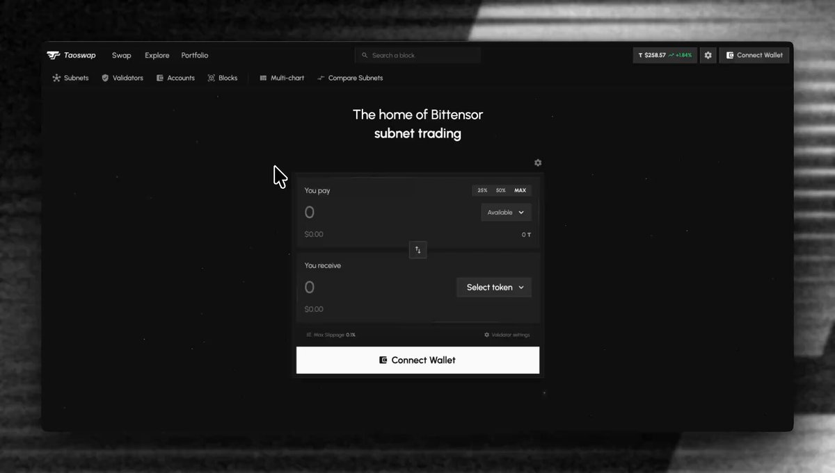 The image shows a computer screen displaying a page from Taoswap, an online trading platform for Bitcoin. The focus of the image is on the new design of the platform, which has been refreshed with a clean white background and black text. The title "The home of Bittor Subnet Trading" is prominently displayed at the top of the screen, indicating that this is a section of the platform dedicated to Bitcoin trading.

There are several buttons visible on the page, including one labeled "Connect Wallet", which allows users to connect their wallets and start trading. The image also includes text that says "Introducing the new Taoswap A full platform redesign built to make Bittor subnet trading faster, clearer, and easier to navigate". This suggests that the platform has undergone a significant update or redesign in order to improve user experience and functionality.