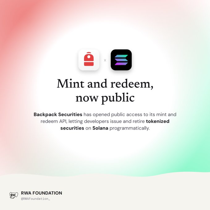 An RWA Foundation announcement graphic featuring Backpack and Solana logos with the headline 'Mint and redeem, now public,' stating that Backpack Securities has opened public access to its mint and redeem API for tokenized securities on Solana.