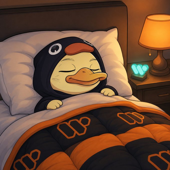 The image features a cartoon penguin wearing a black hoodie while sleeping on a bed with an orange and white quilt. The penguin appears to be in a peaceful slumber, surrounded by various objects such as a lamp, nightstands, and a clock. The image also includes text that reads "Good night, Quackers @wallchain is reshaping attention by rewarding meaningful participation, not just visibility. Every thoughtful quack today strengthened your signal and reputation." This suggests that the penguin's actions of sleeping peacefully on the bed are being rewarded or acknowledged in some way.