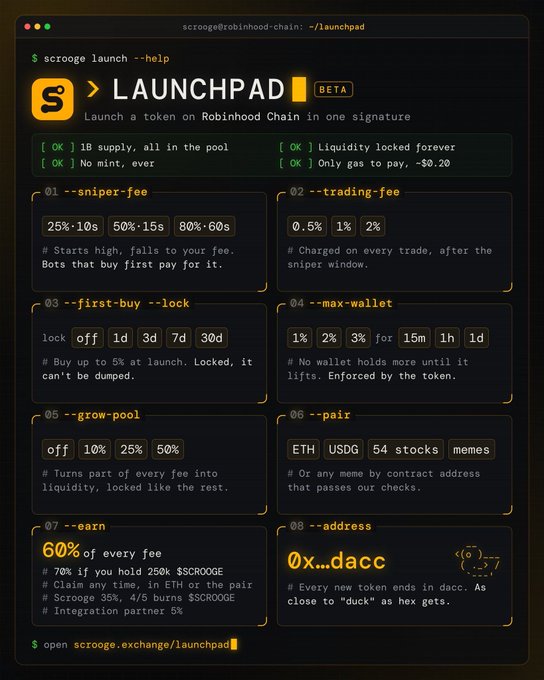 A terminal window displaying 'LAUNCHPAD' on Robinhood Chain with options like sniper-fee, grow-pool, and earn, mentioning rewards of 256k $SCROOGE and a 35%/4/6 burn.