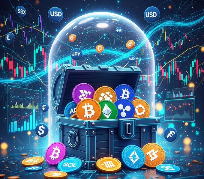 A digital illustration of a treasure chest overflowing with various cryptocurrencies including Bitcoin (BTC), Ethereum, and Ripple, surrounded by floating currency symbols like USD, EUR, JPY, and stock market charts against a glowing blue cosmic background.