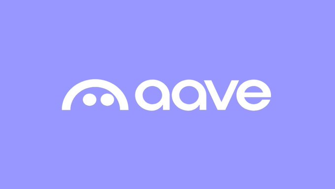 The Aave cryptocurrency logo is displayed in white text on a purple background.