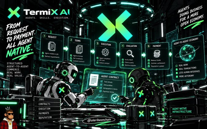 The image is a promotional graphic for "TermiX AI" featuring two humanoid robots with green X logos on their backs, working at futuristic terminals displaying an "AGENT CONTRACT" screen. Surrounding them are five numbered process panels (Request, Terms, Execution, Evaluation, Payment) outlining a structured agent-to-agent commerce workflow, with text reading "FROM REQUEST TO PAYMENT. ALL AGENT NATIVE" and "AGENTS DOING BUSINESS FOR A MORE OPEN ECONOMY." The graphic visually reinforces the post's message by framing all the tedious business paperwork humans handle automatically—job initiation, contracts, deliverables, quality checks, and settlement—as discrete, automatable steps that AI agents can now execute natively.
