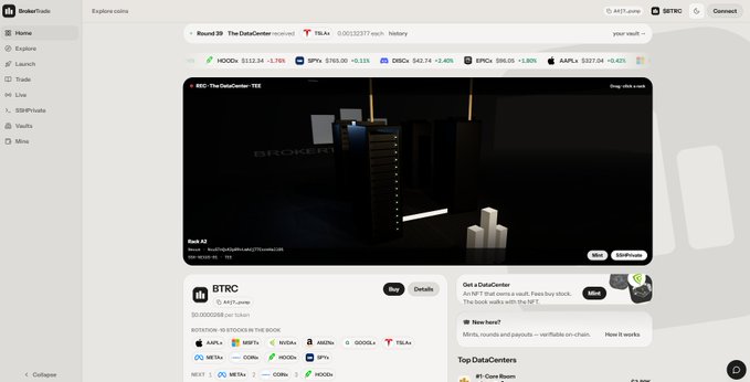 A screenshot of the StaderTrade interface showing the BTRC token on the DataCenter-TEE, with a market cap of $407,389,278 and 50,000,000 per token.
