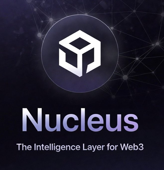 A logo for 'Nucleus' described as 'The Intelligence Layer for Web3,' featuring a white hexagonal cube icon inside a circle on a dark blue background with a network web pattern.