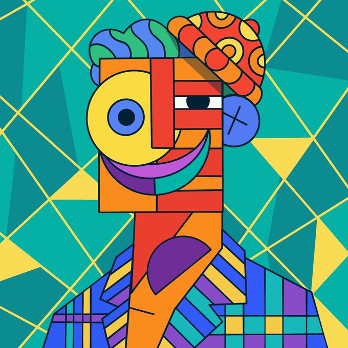 A colorful, modern art style portrait of a man wearing a hat with an orange center and blue stripes around his neck and headband. The artwork features bright colors with geometric shapes such as squares, triangles, circles, and ovals creating a visually striking and unique piece. A description of the image is provided below that encourages viewers to share their opinions about it and potentially join a competition where they can win up to 10,000 Eth tokens.