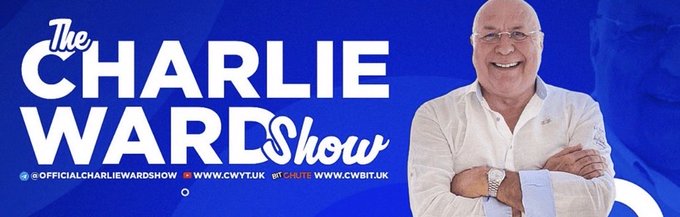 A blue promotional banner for 'The Charlie Ward Show' featuring a smiling bald man in a white shirt, with social media handle '@OFFICIALCHARLIEWARDSHOW' and website 'WWW.CWTYUK' / 'WWW.CWBIT.UK'.