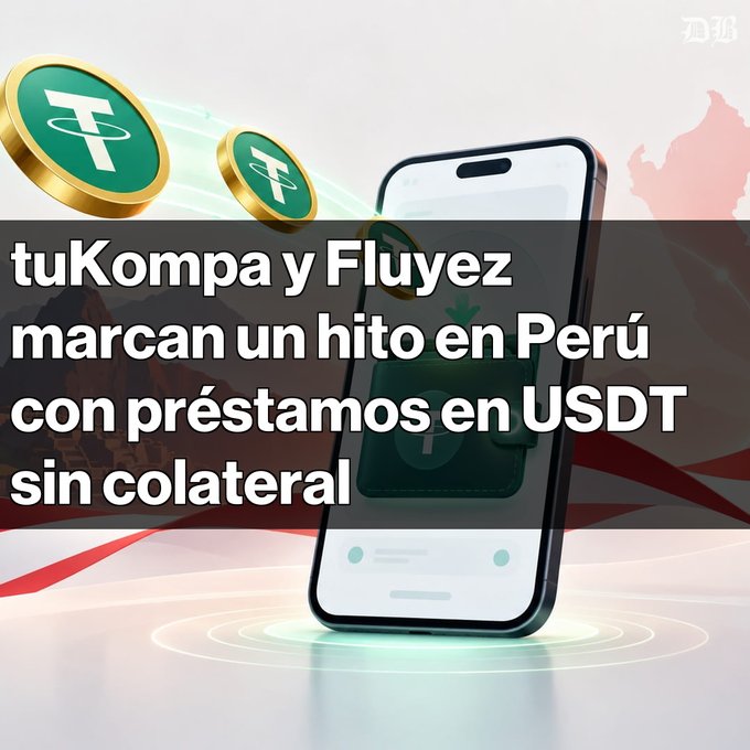 A promotional graphic shows a smartphone displaying the Tether (USDT) cryptocurrency app with floating Tether coins, advertising in Spanish that "tuKompa y Fluyez marcan un hito en Perú con préstamos en USDT sin colateral."