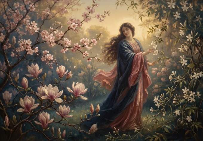 A classical-style painting of a long-haired woman in flowing blue and pink robes walking through a lush garden of magnolias and cherry blossoms bathed in warm golden light.