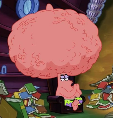 An image of Patrick Star from SpongeBob SquarePants sitting in an armchair with an oversized, exposed brain, surrounded by scattered books.