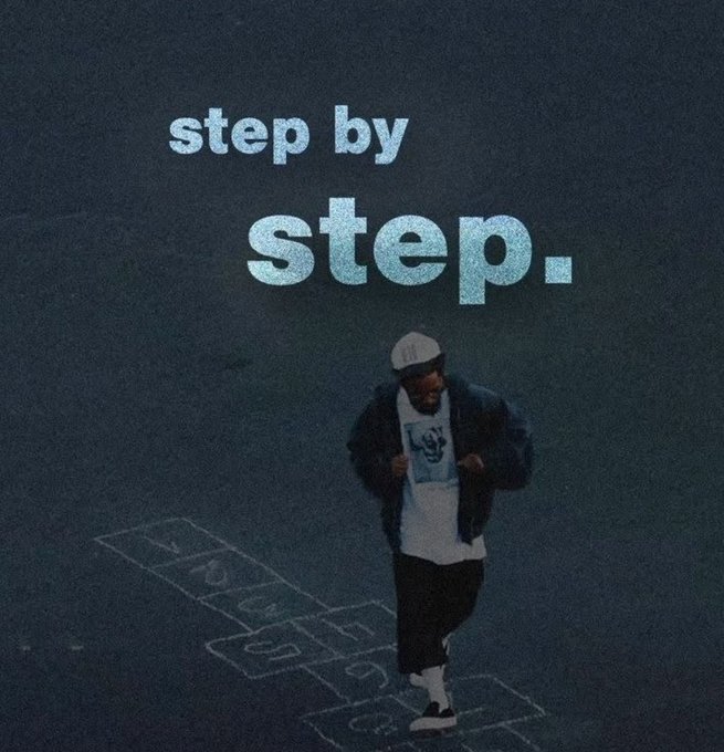 An album-style cover with the text 'step by step.' showing a person walking on a hopscotch grid drawn on dark pavement at night.