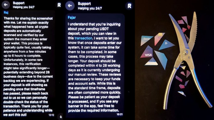 In the center of the image, there are three cell phone screens displaying information related to a Crypto transaction. The leftmost screen shows a message from someone named "@Revolut" that reads, "Thanks for sharing the screen where we spent our last $700! You're really awesome." The middle screen displays a message from "@support" asking if you want to fund the Bitcoin deposit of @Revolut. Lastly, on the right side of the image, there is an actual pair of scissors with a note attached that says, "I think this might be a fake note".