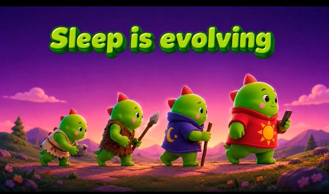 A 3D-rendered illustration of four green dinosaur characters in an evolutionary progression with the green text "Sleep is evolving".